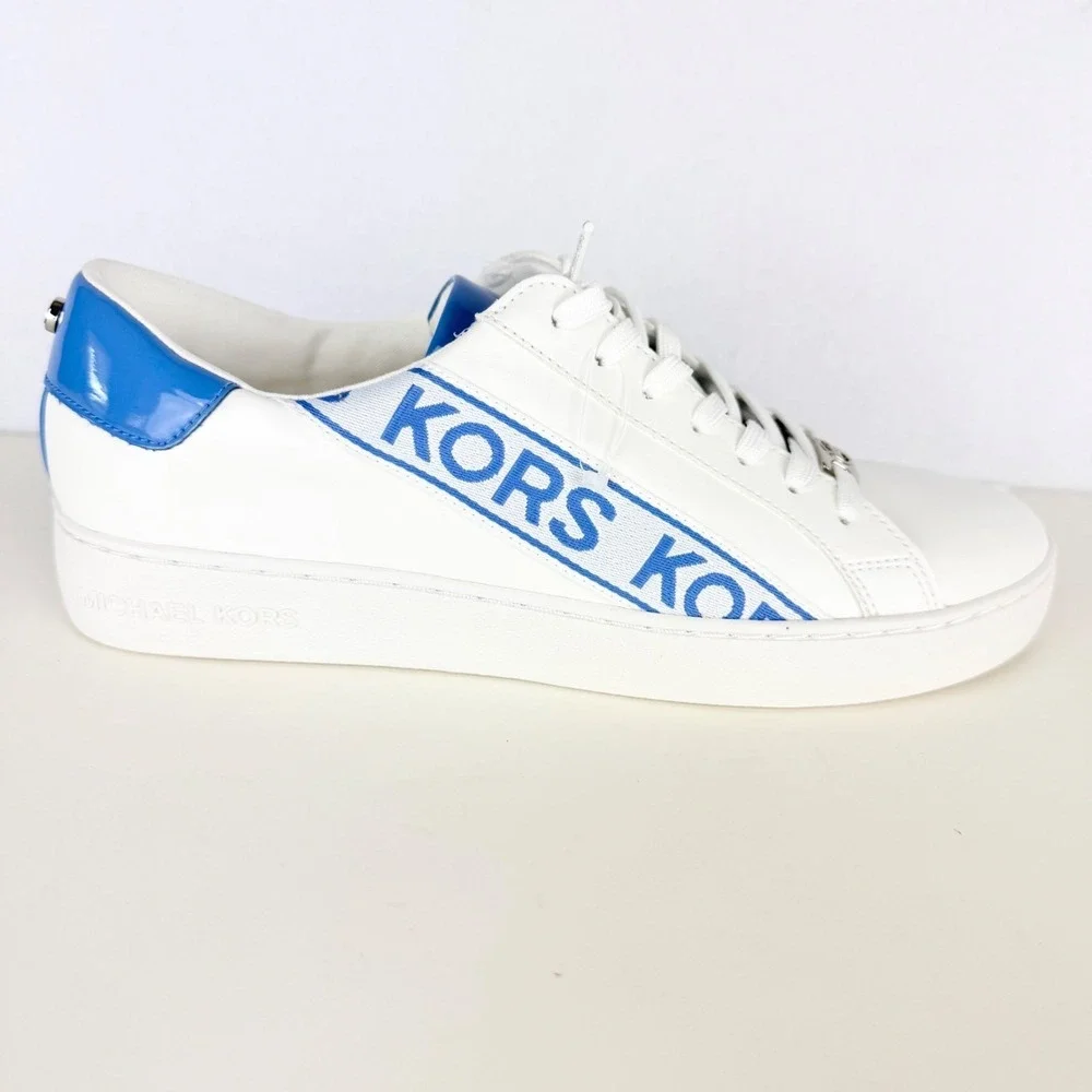 Michael Kors Women's KORS Print Side Faux Leather White Blue Sneakers Sz 7M NWOT